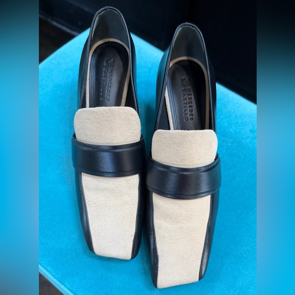 MERCEDES CASTILLO Black Leather and Beige Suede ColorBlock Heeled Loafers Size 6